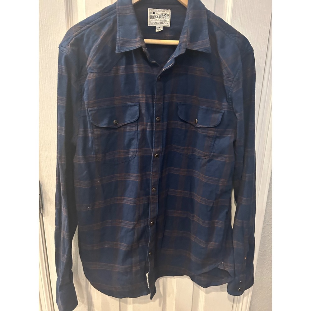 Lucky‎ Brand Saturday Stretch snap Blue Brown Plaid Western Flannel